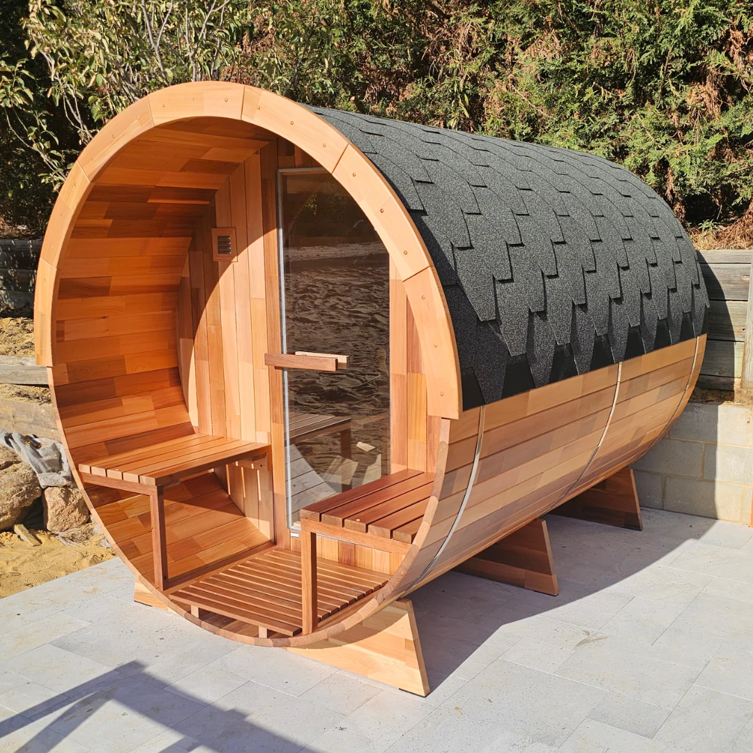 Rejuvenex Outdoor Cedar 6 Person Traditional Barrel Sauna With Porch - Image 9